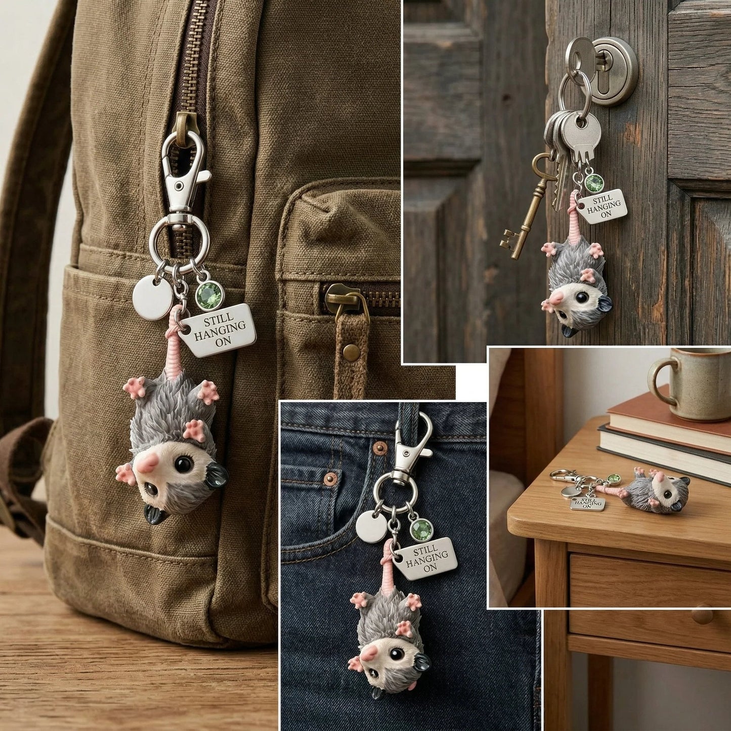 ๐A Little Opossum for You - "Still Hanging On" Keychain & Sentiment Card Set