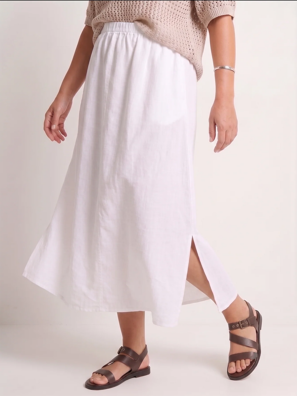 Plus Size Vacation Linen Midi Skirt With Side Slit