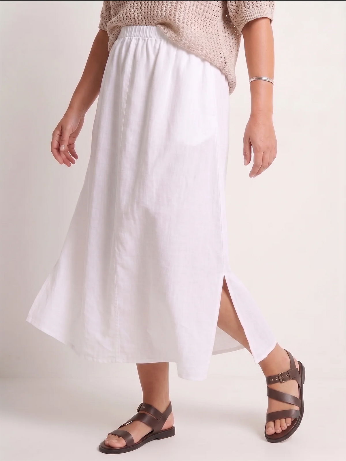 Plus Size Vacation Linen Midi Skirt With Side Slit