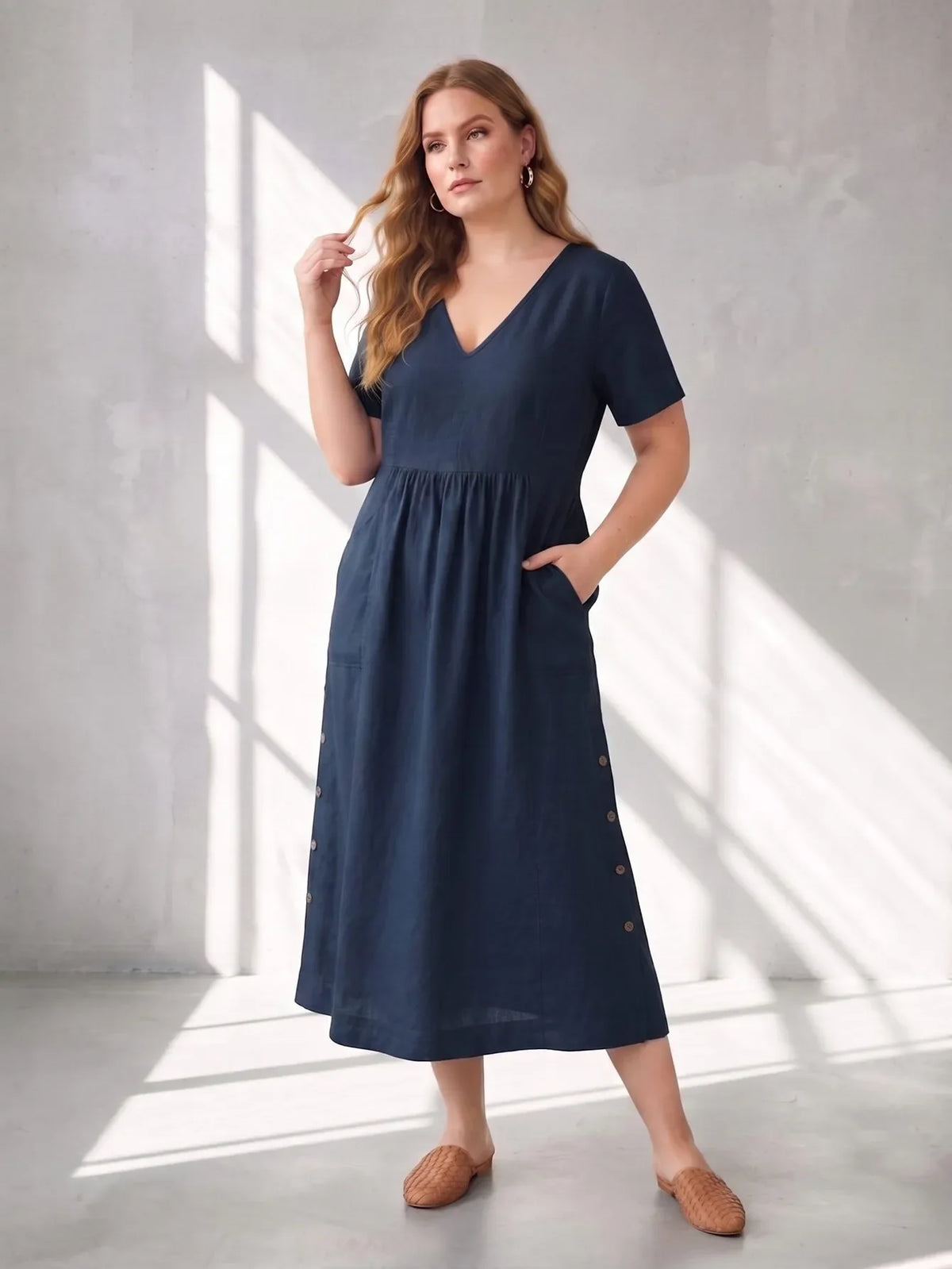 Larui Plus Size Women's Linen Pocket Dress