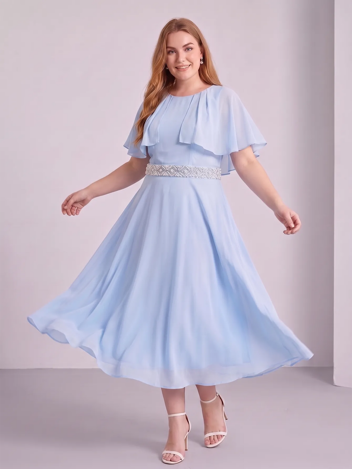 Larui Plus Size Women‘s Cape Sleeves Chiffon Midi Dress