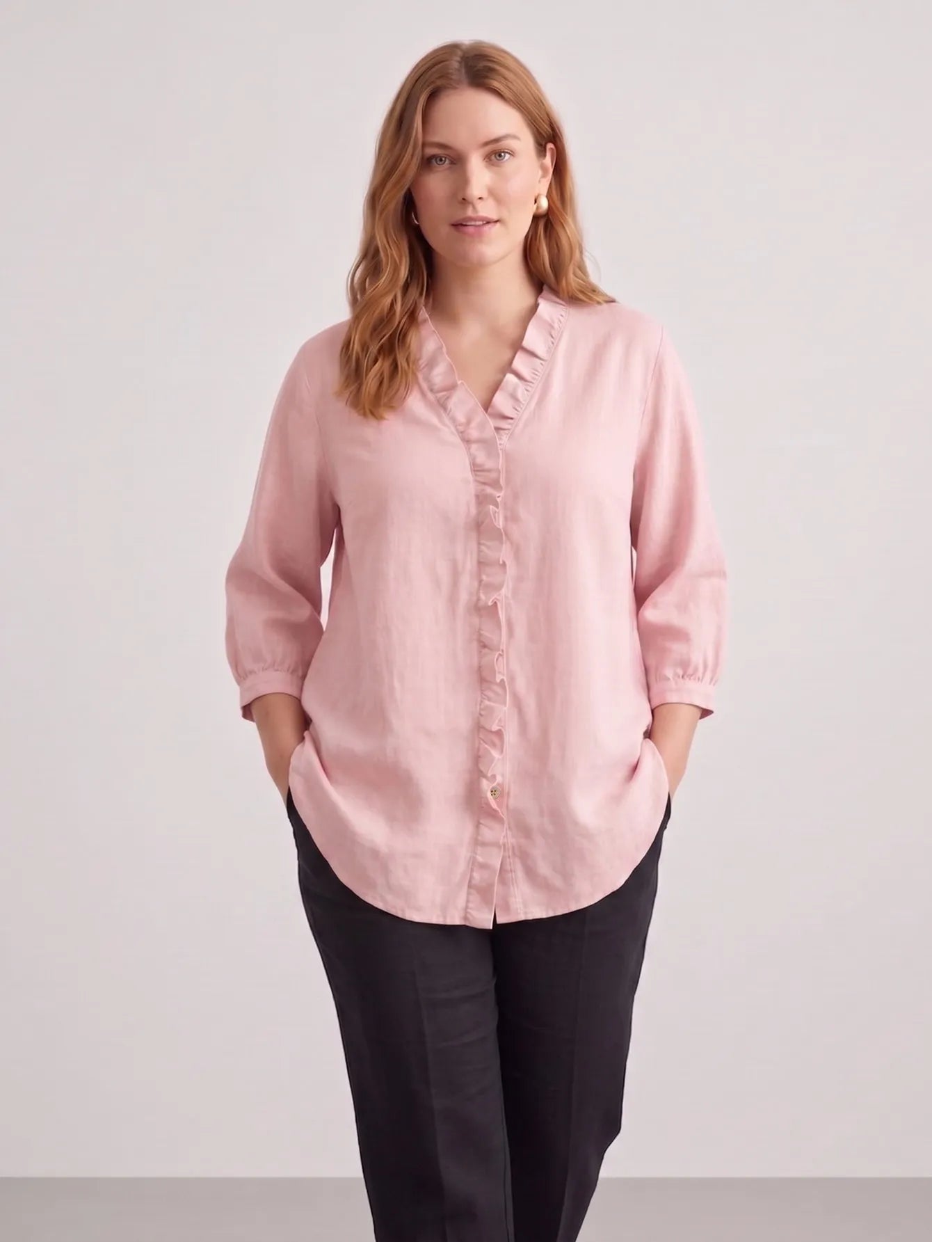 Larui Plus Size Women's Linen Ruffles 3/4 Sleeves Blouse