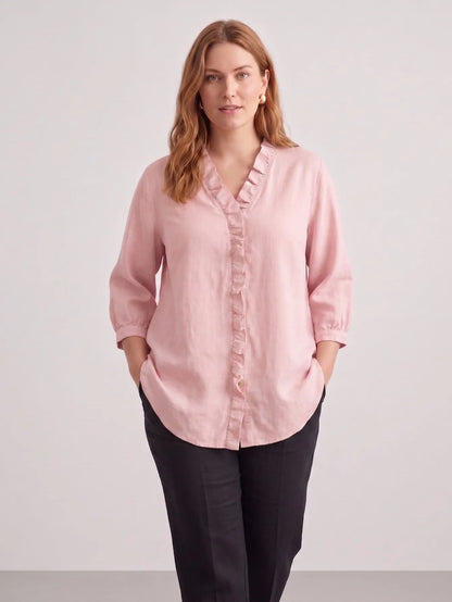 Larui Plus Size Women's Linen Ruffles 3/4 Sleeves Blouse
