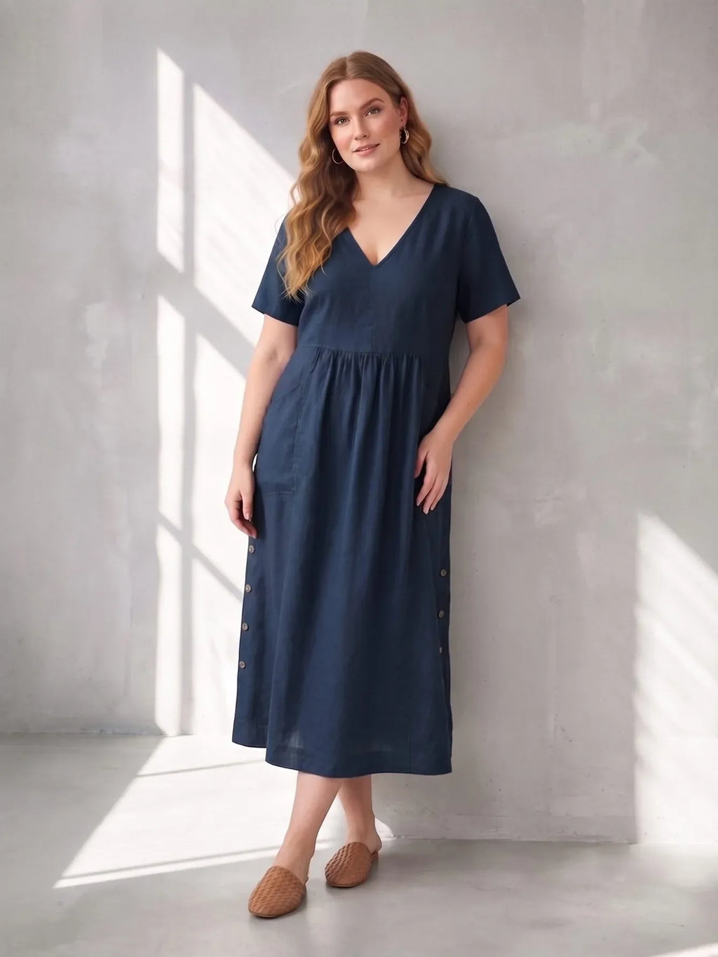 Larui Plus Size Women's Linen Pocket Dress