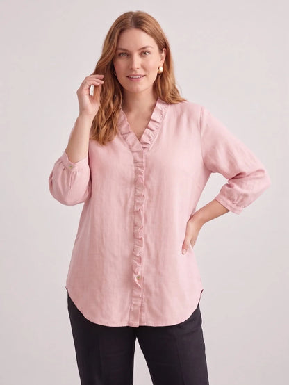 Larui Plus Size Women's Linen Ruffles 3/4 Sleeves Blouse