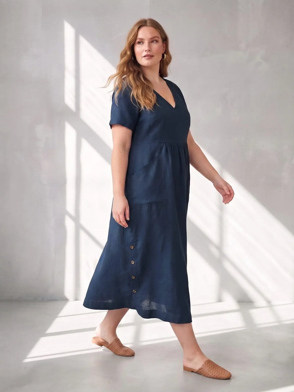 Larui Plus Size Women's Linen Pocket Dress