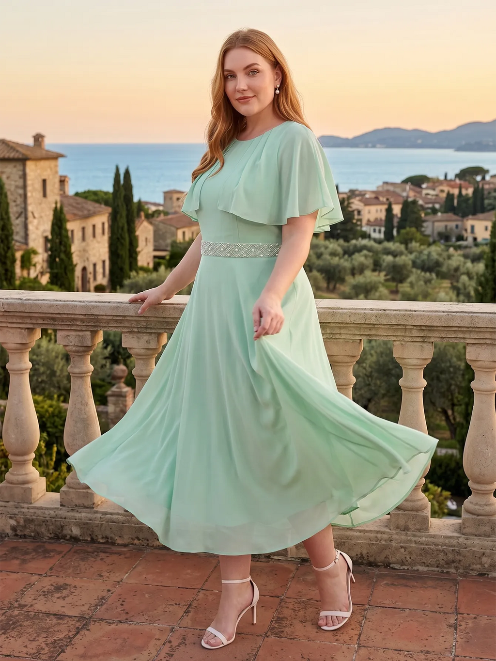 Larui Plus Size Women‘s Cape Sleeves Chiffon Midi Dress