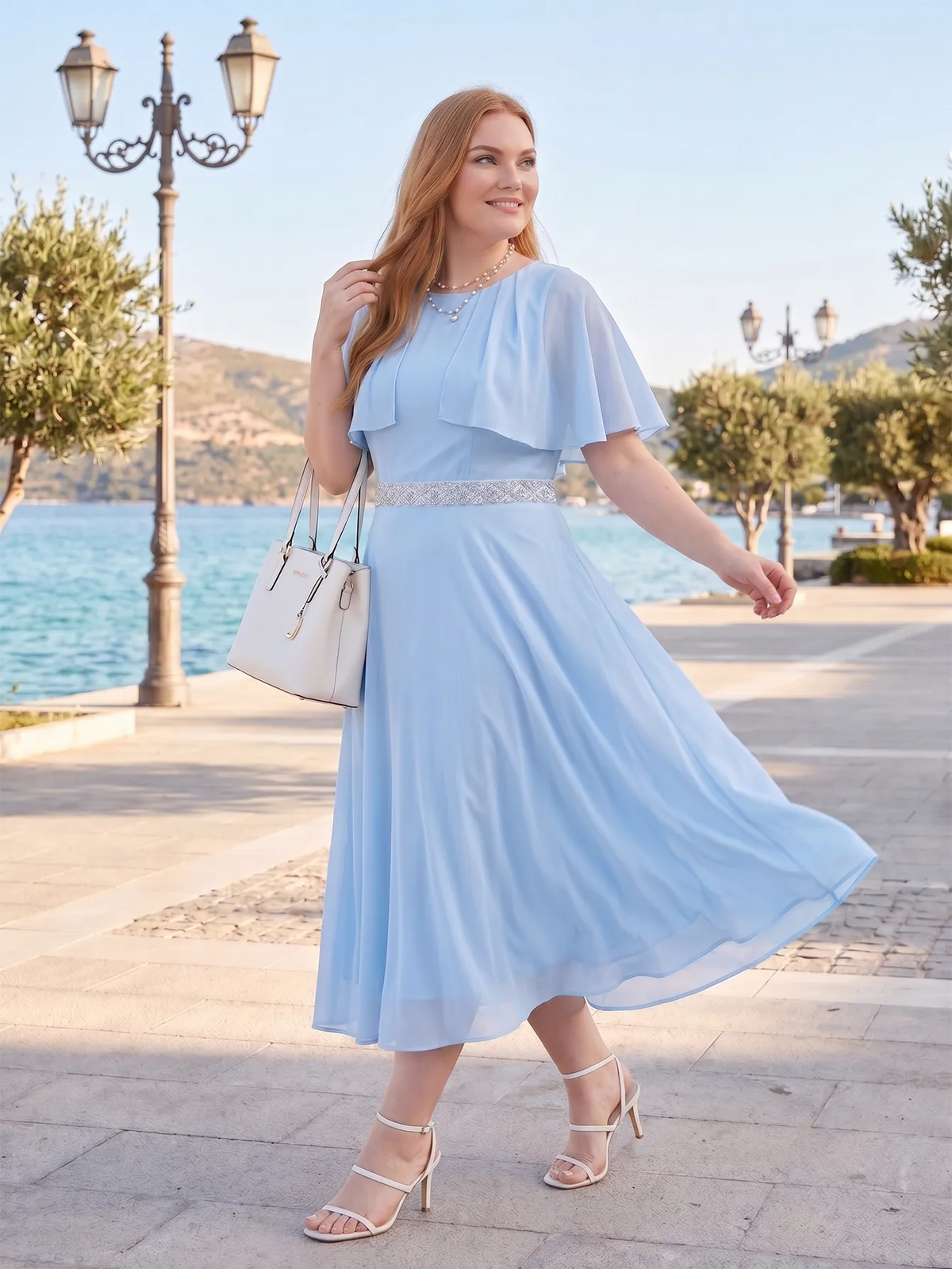 Larui Plus Size Women‘s Cape Sleeves Chiffon Midi Dress