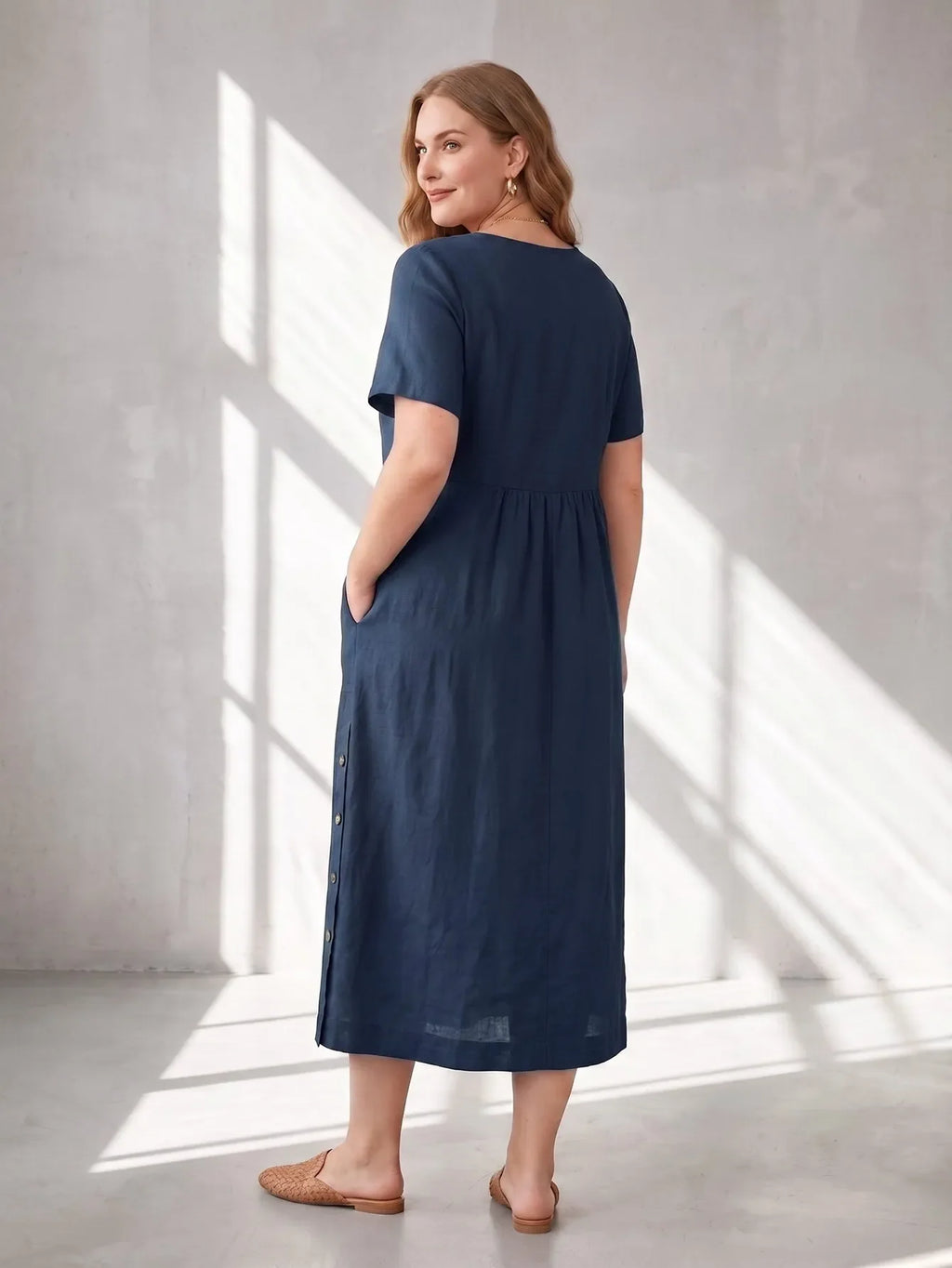 Larui Plus Size Women's Linen Pocket Dress