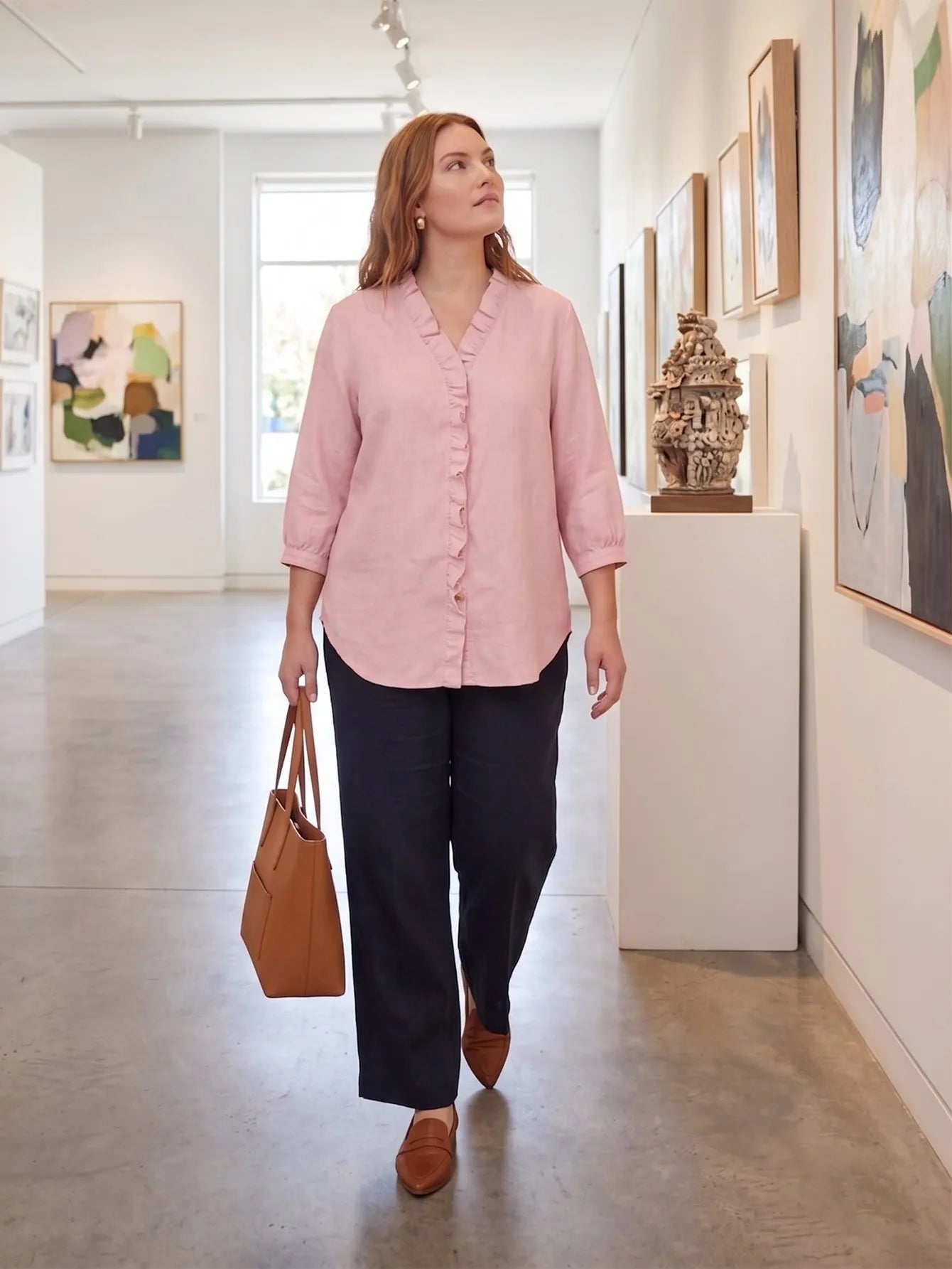 Larui Plus Size Women's Linen Ruffles 3/4 Sleeves Blouse