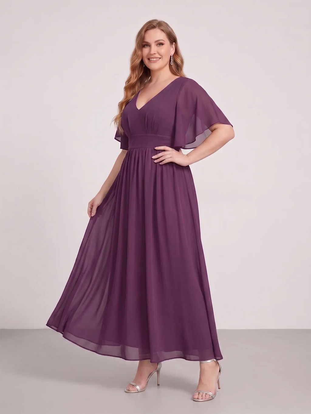 Larui Plus Size Women‘s V-Neck Chiffon Ruffles Sleeves Dress
