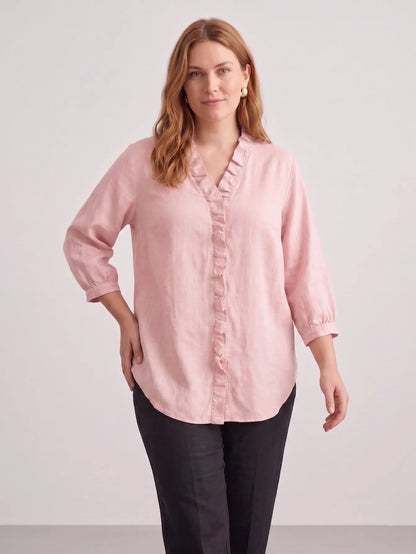 Larui Plus Size Women's Linen Ruffles 3/4 Sleeves Blouse