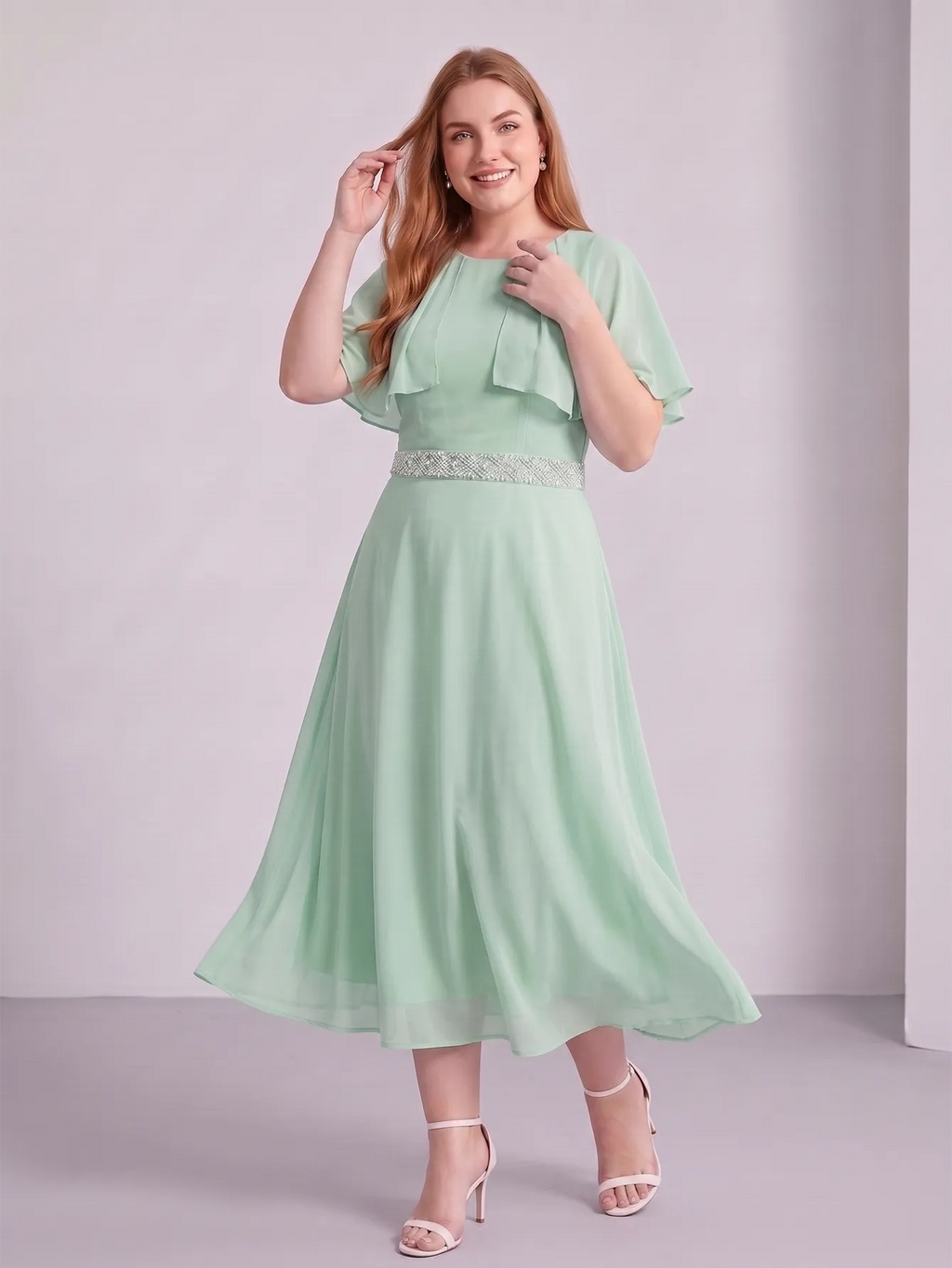 Larui Plus Size Women‘s Cape Sleeves Chiffon Midi Dress