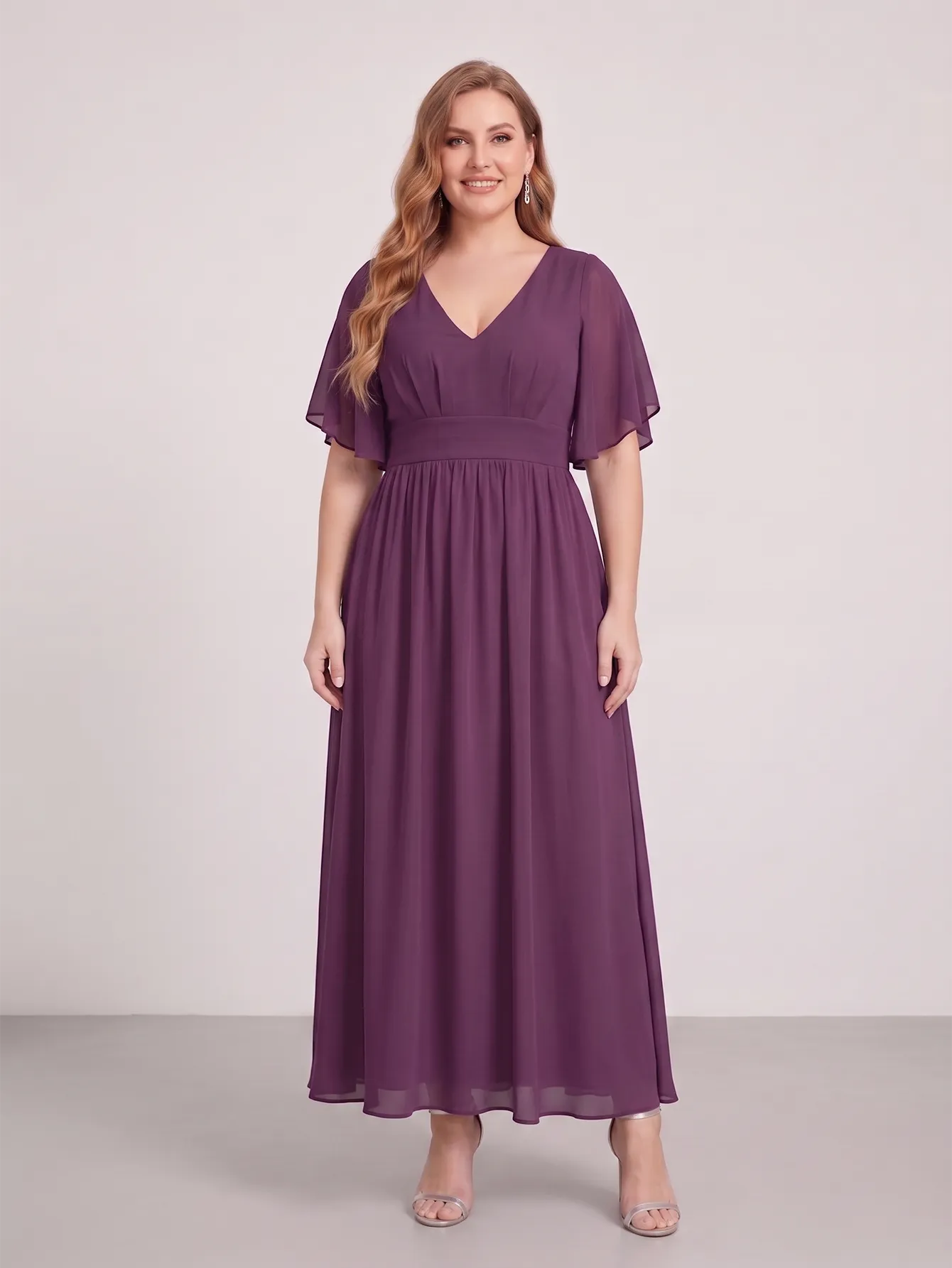 Larui Plus Size Women‘s V-Neck Chiffon Ruffles Sleeves Dress