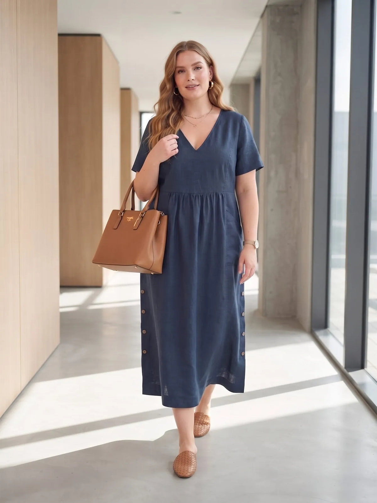 Larui Plus Size Women's Linen Pocket Dress