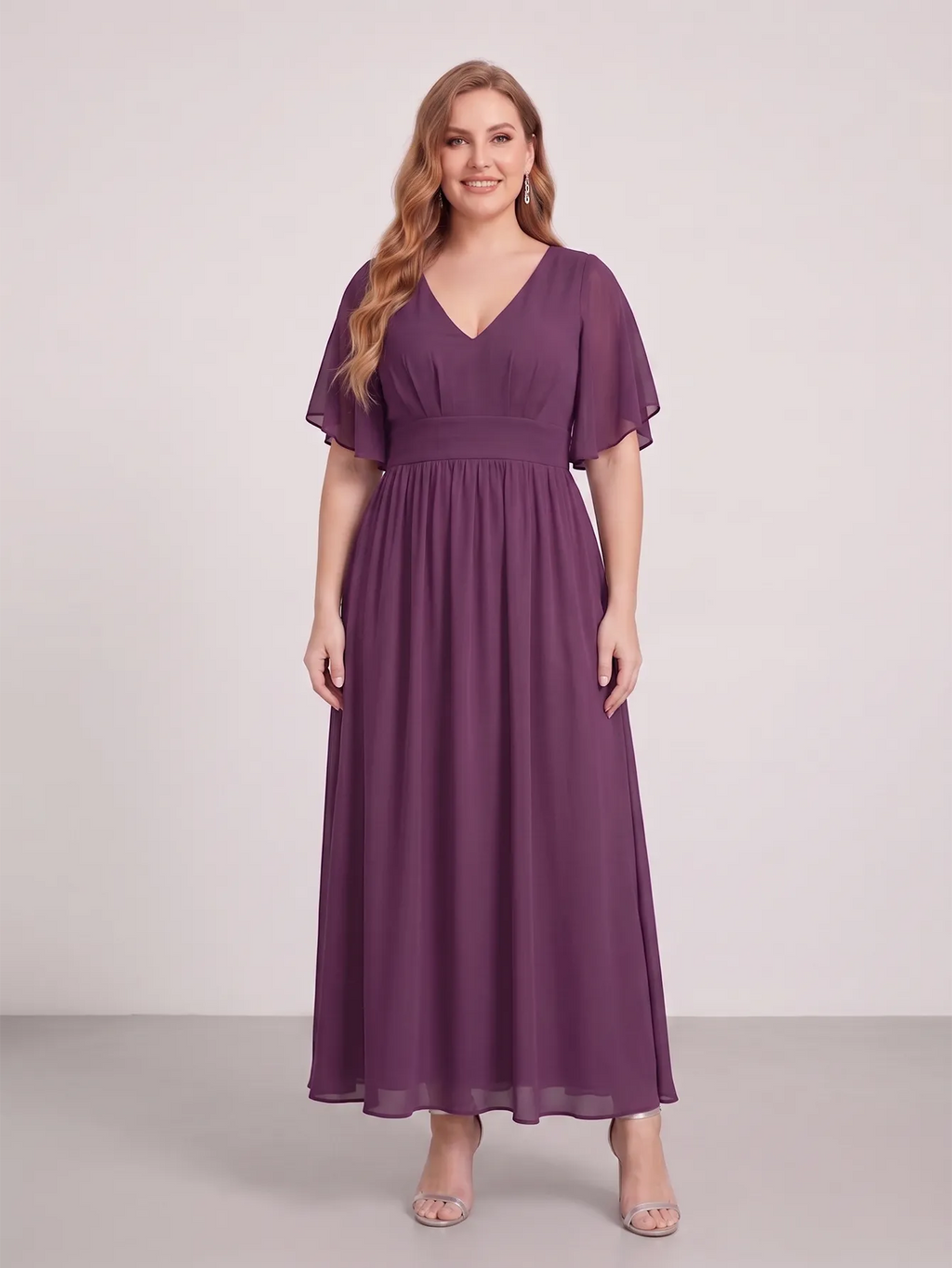 Larui Plus Size Women‘s V-Neck Chiffon Ruffles Sleeves Dress