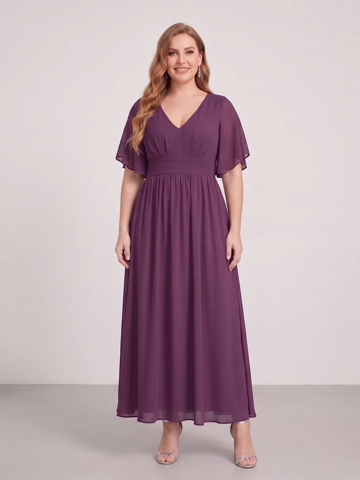 Larui Plus Size Women‘s V-Neck Chiffon Ruffles Sleeves Dress