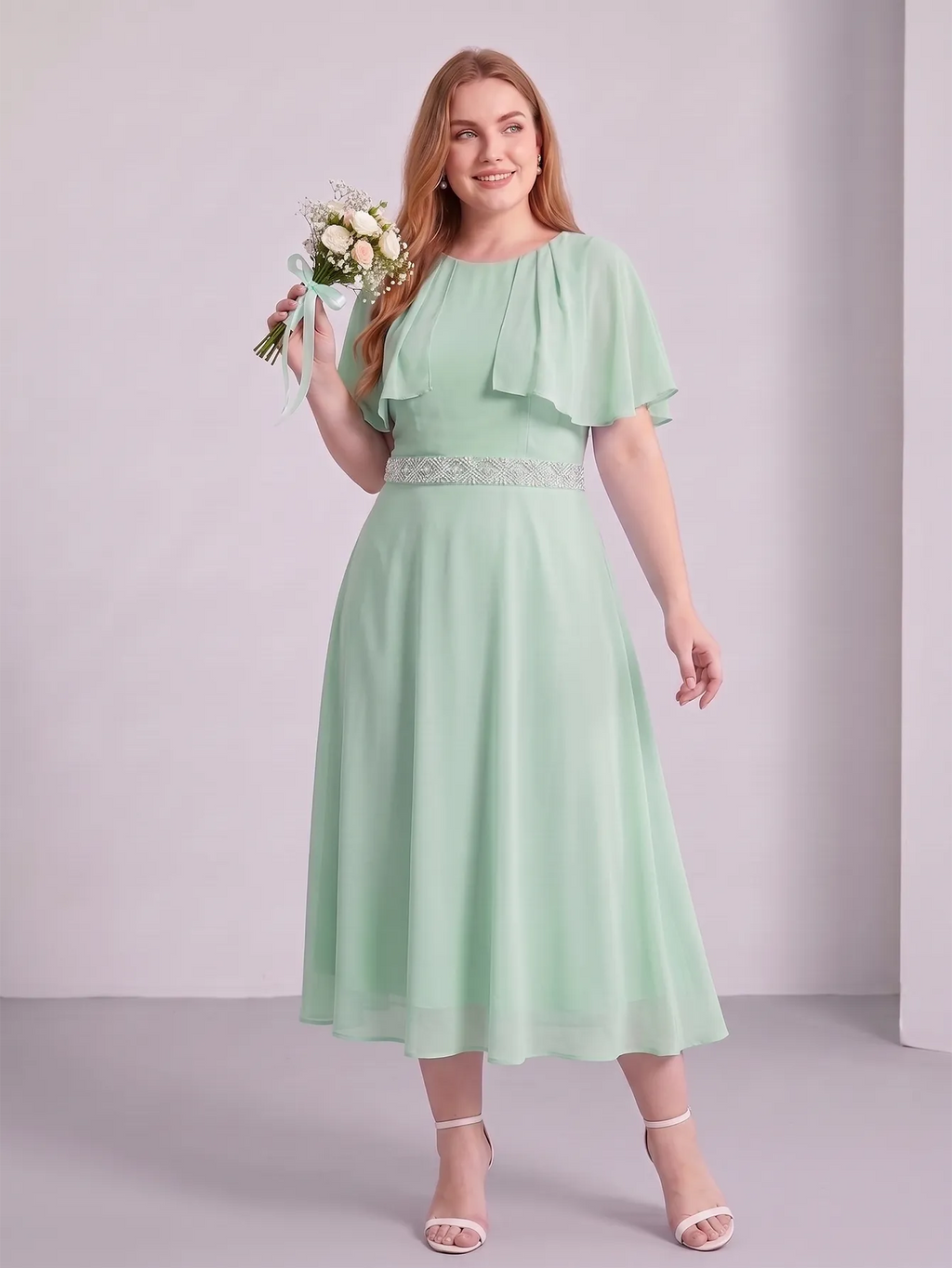 Larui Plus Size Women‘s Cape Sleeves Chiffon Midi Dress