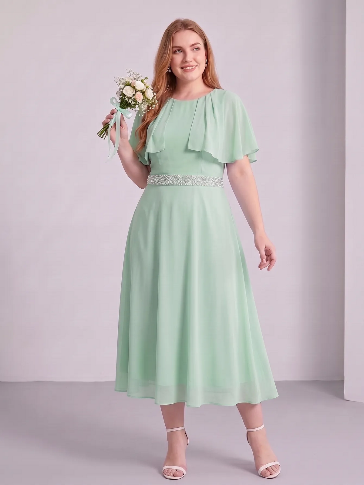 Larui Plus Size Women‘s Cape Sleeves Chiffon Midi Dress