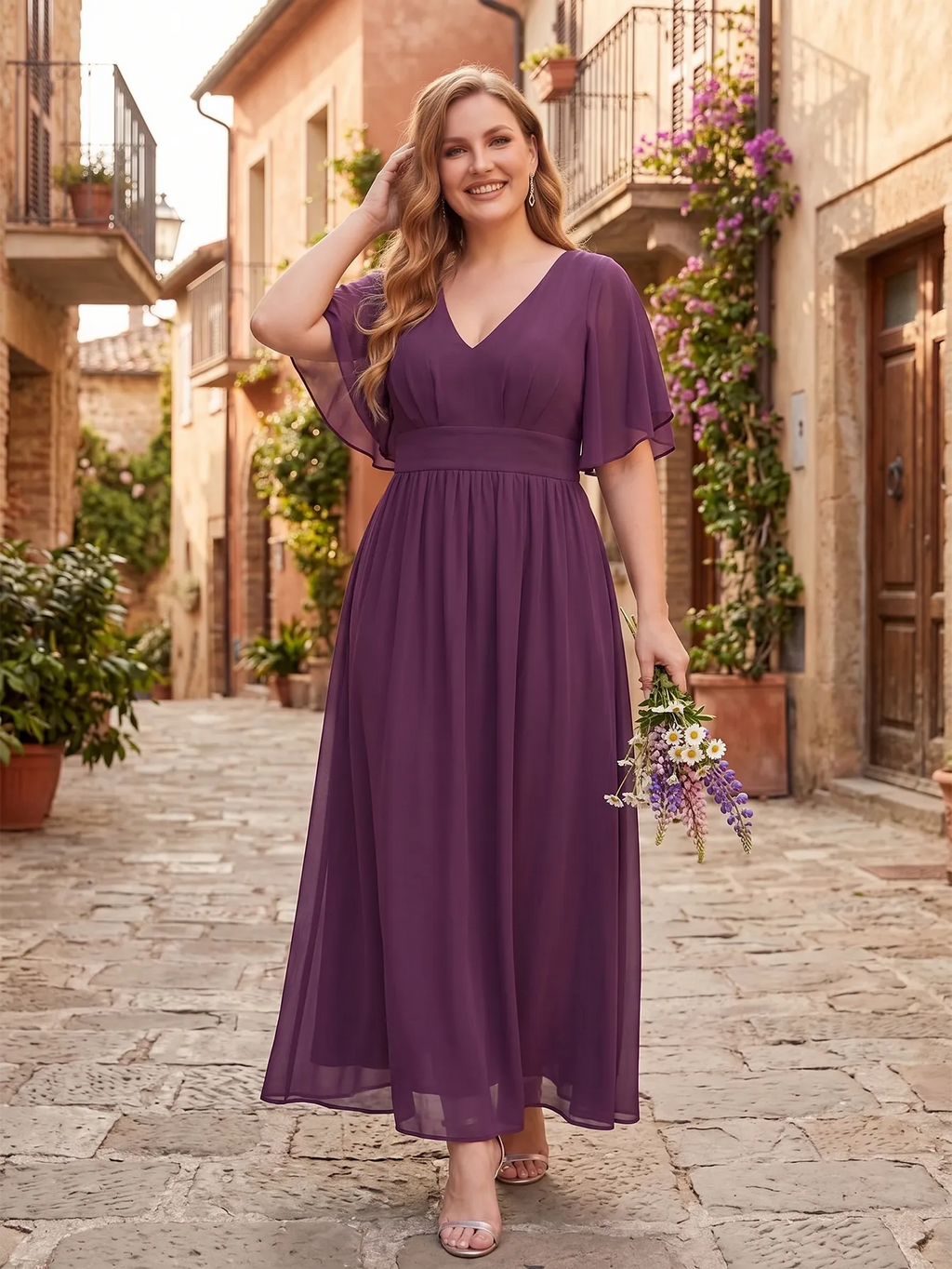 Larui Plus Size Women‘s V-Neck Chiffon Ruffles Sleeves Dress