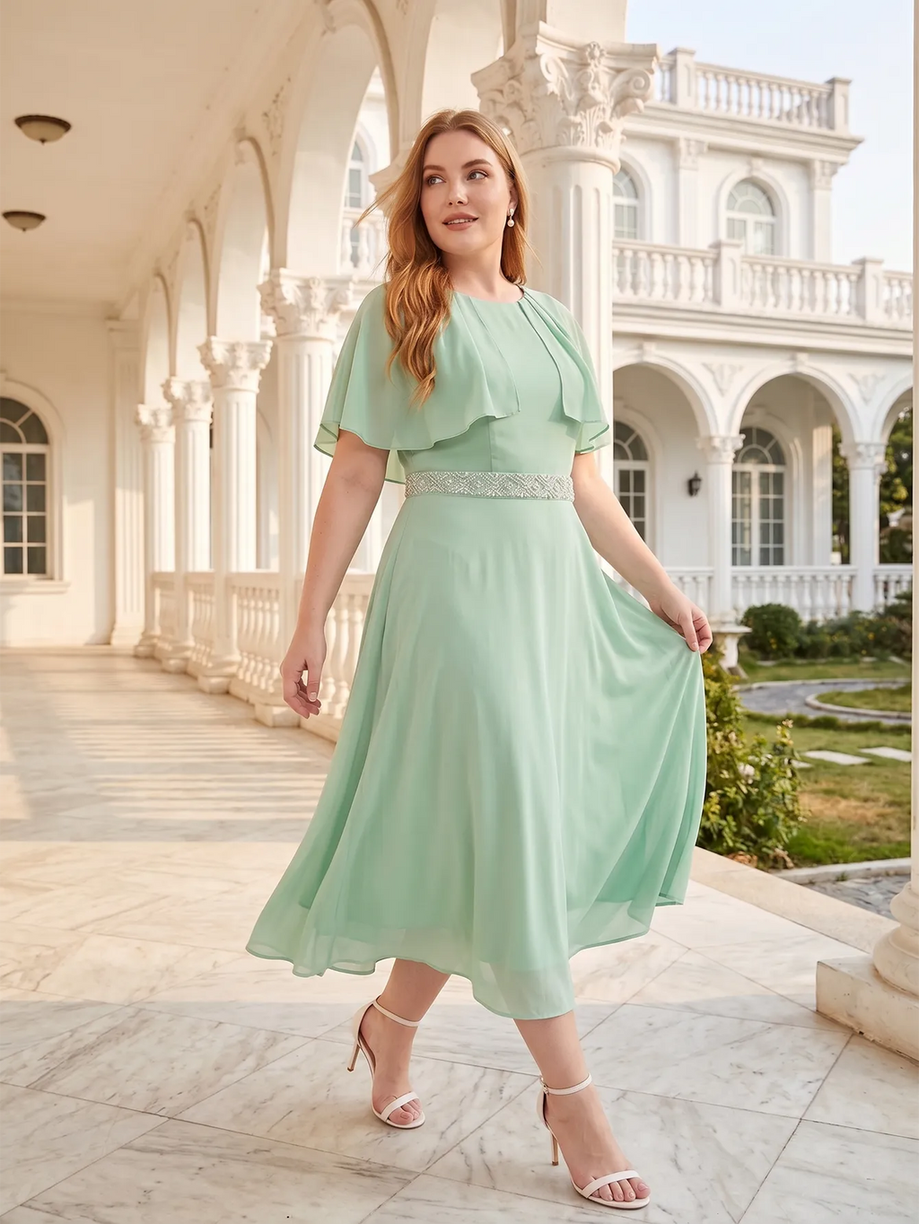 Larui Plus Size Women‘s Cape Sleeves Chiffon Midi Dress