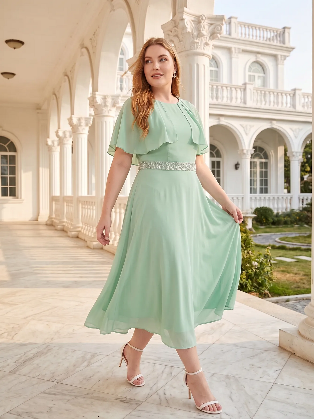 Larui Plus Size Women‘s Cape Sleeves Chiffon Midi Dress