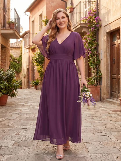 Larui Plus Size Women‘s V-Neck Chiffon Ruffles Sleeves Dress