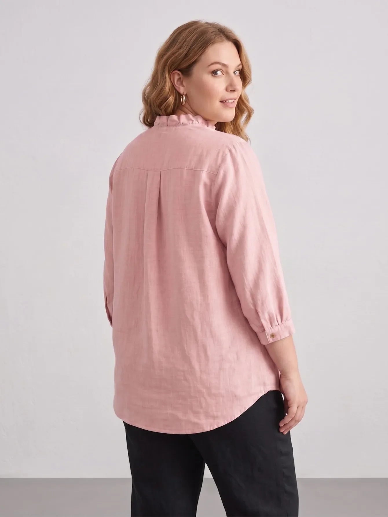 Larui Plus Size Women's Linen Ruffles 3/4 Sleeves Blouse