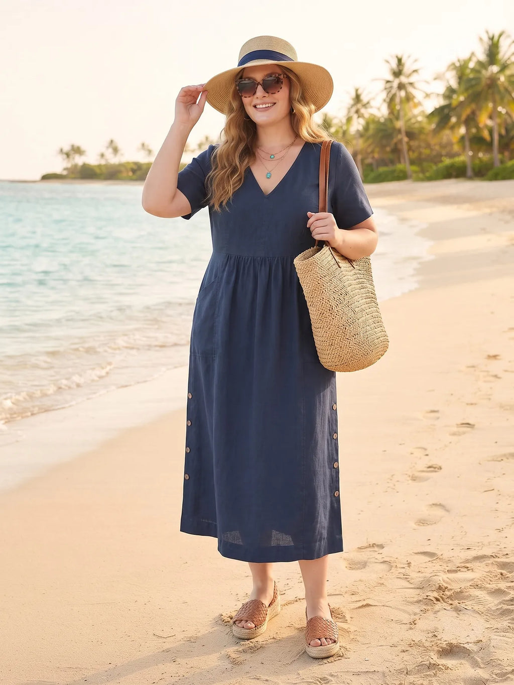 Larui Plus Size Women's Linen Pocket Dress