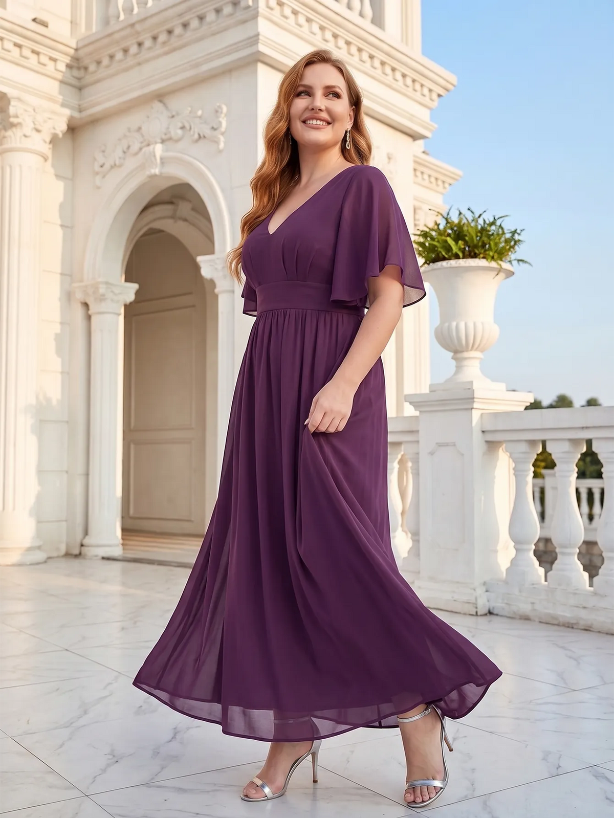 Larui Plus Size Women‘s V-Neck Chiffon Ruffles Sleeves Dress