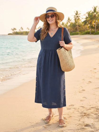 Larui Plus Size Women's Linen Pocket Dress