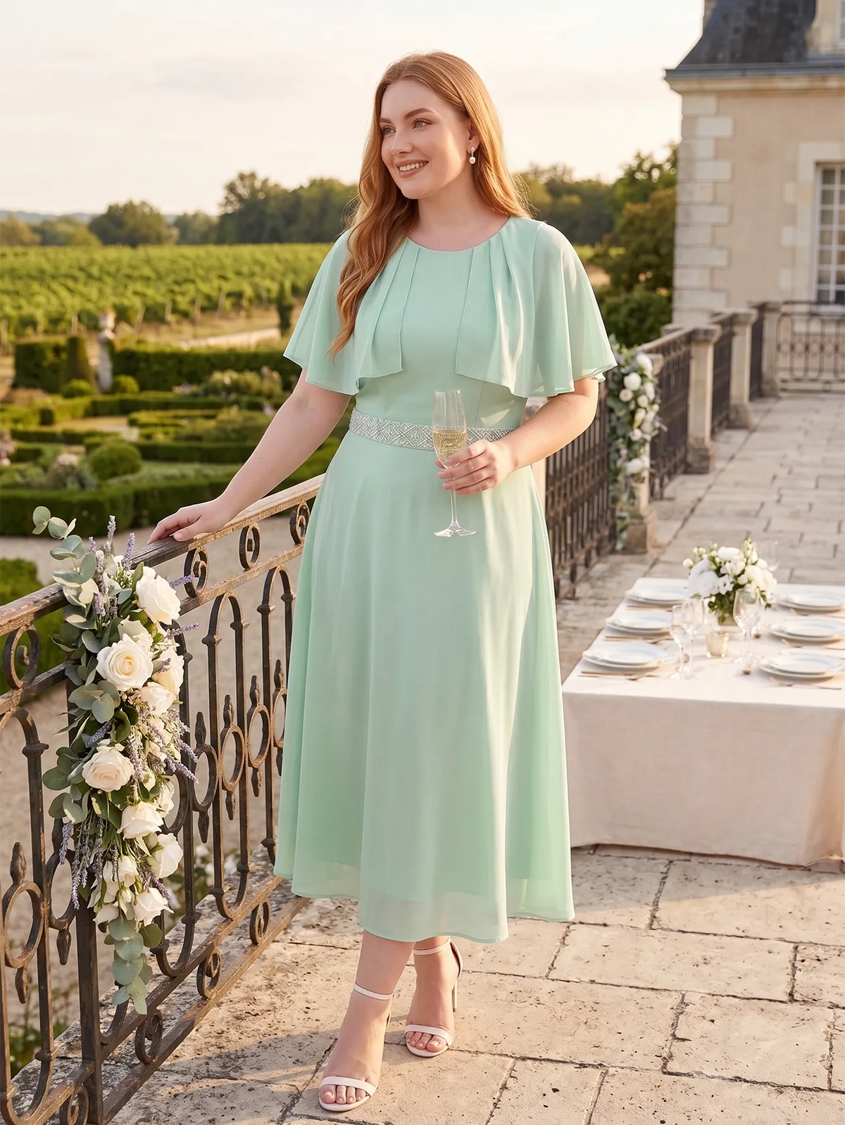 Larui Plus Size Women‘s Cape Sleeves Chiffon Midi Dress
