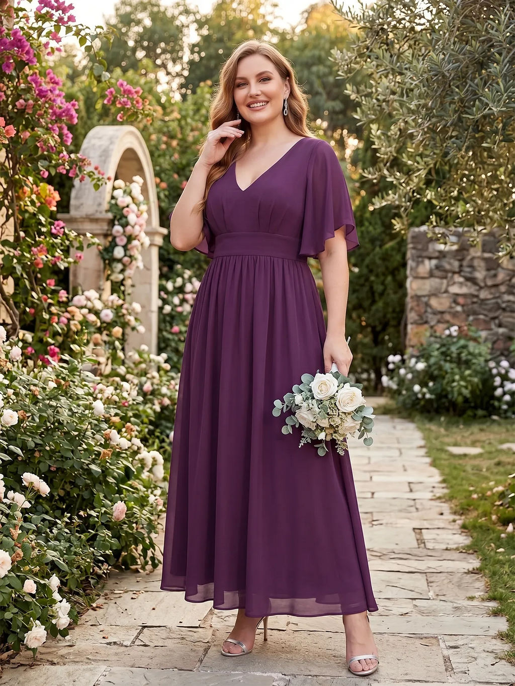 Larui Plus Size Women‘s V-Neck Chiffon Ruffles Sleeves Dress