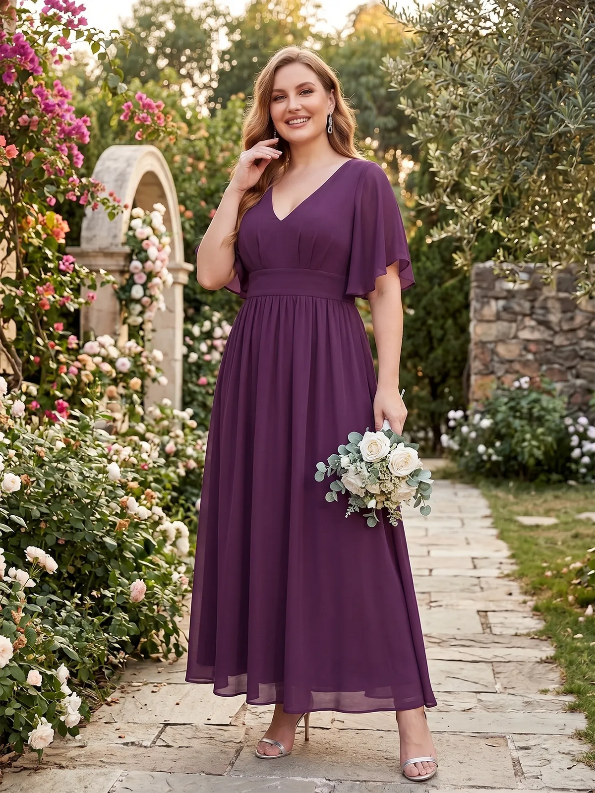 Larui Plus Size Women‘s V-Neck Chiffon Ruffles Sleeves Dress
