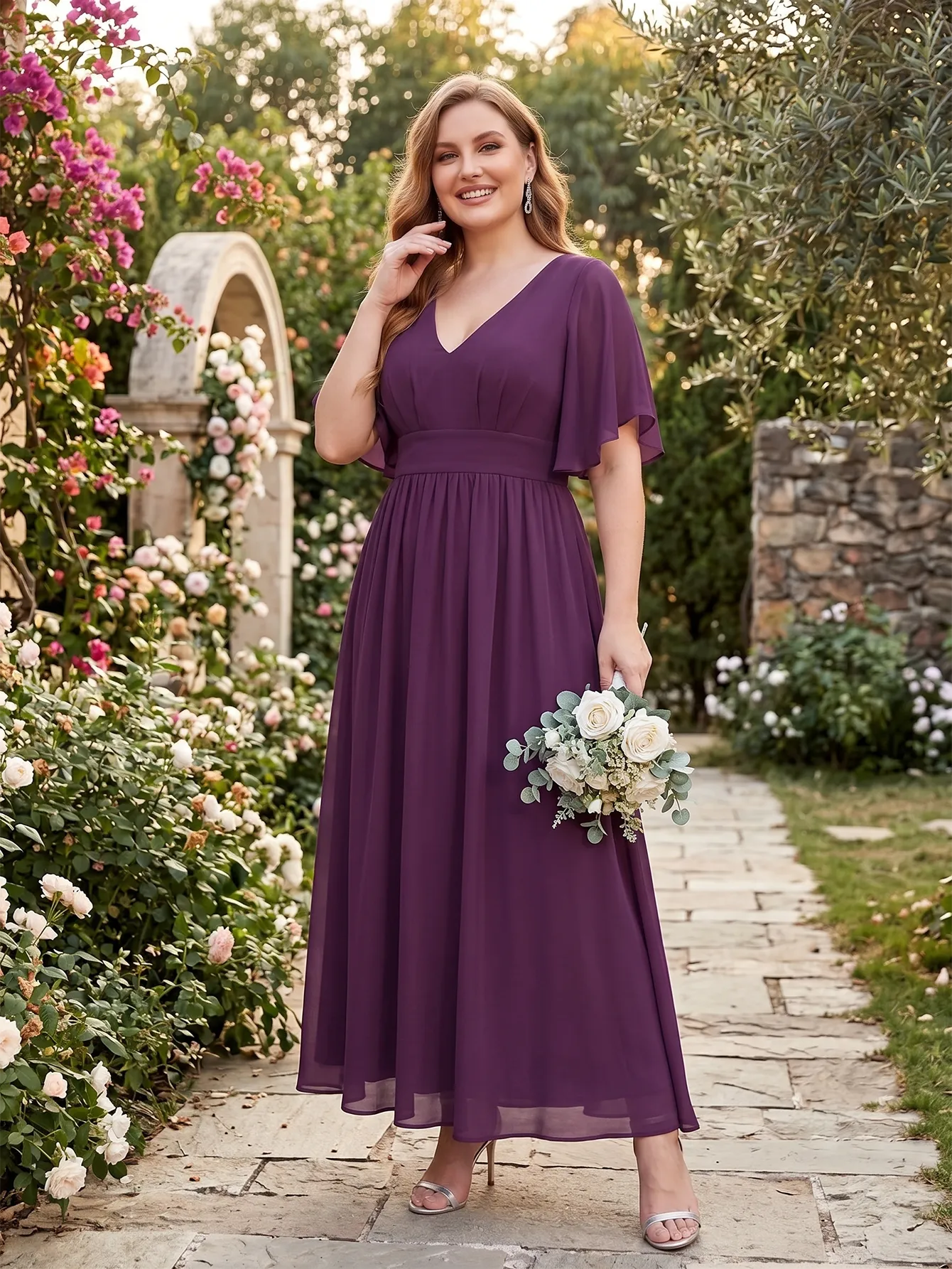 Larui Plus Size Women‘s V-Neck Chiffon Ruffles Sleeves Dress