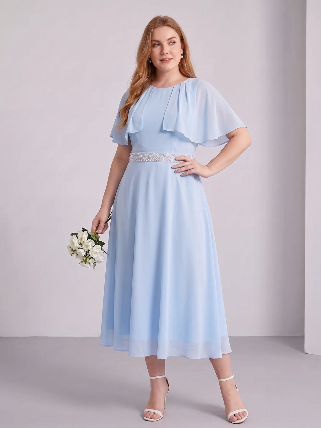 Larui Plus Size Women‘s Cape Sleeves Chiffon Midi Dress