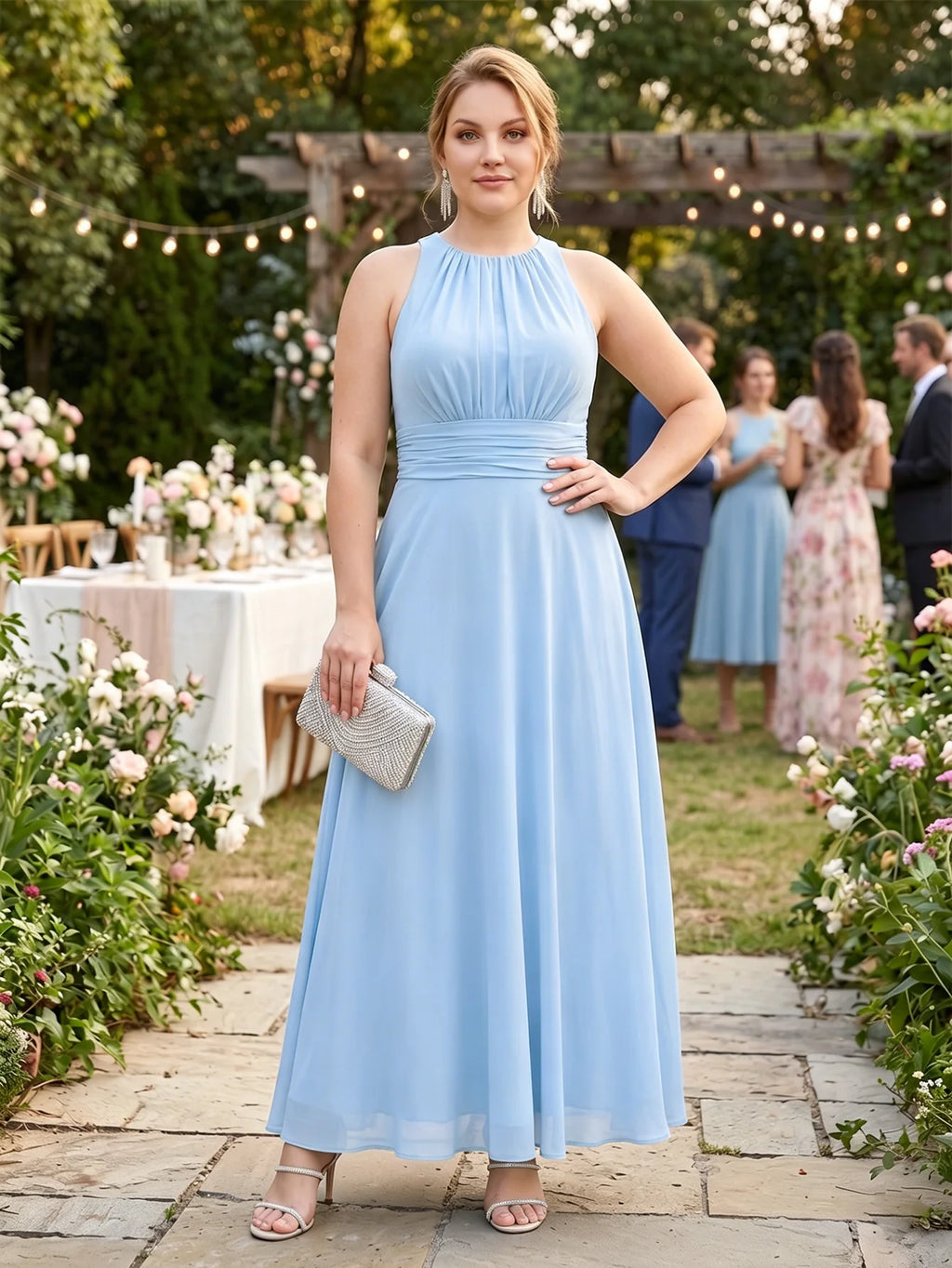 Larui Plus Size Elegant Pleated Chiffon Dress