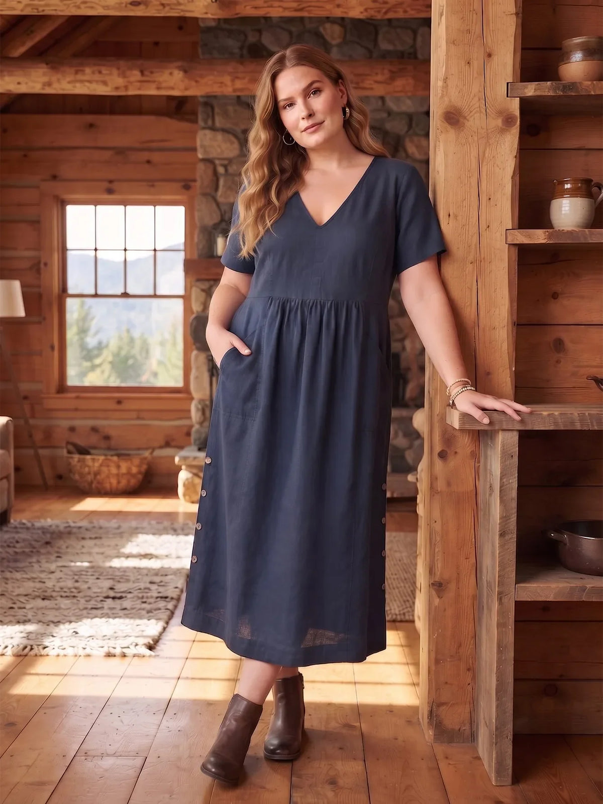 Larui Plus Size Women's Linen Pocket Dress
