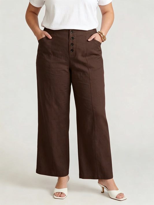 Larui Plus Size Women's ButtonDown Wide-Le-g Linen Pants