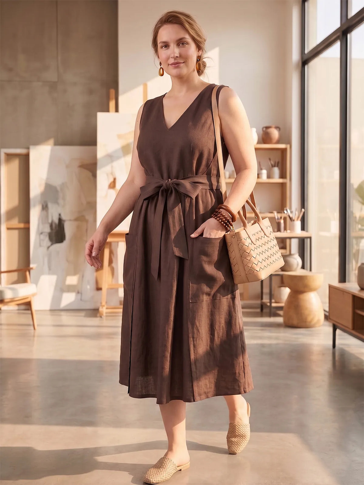 Larui Plus-Size Women's Reversible Open-Front Tie-Up Apron-Style Linen Dress