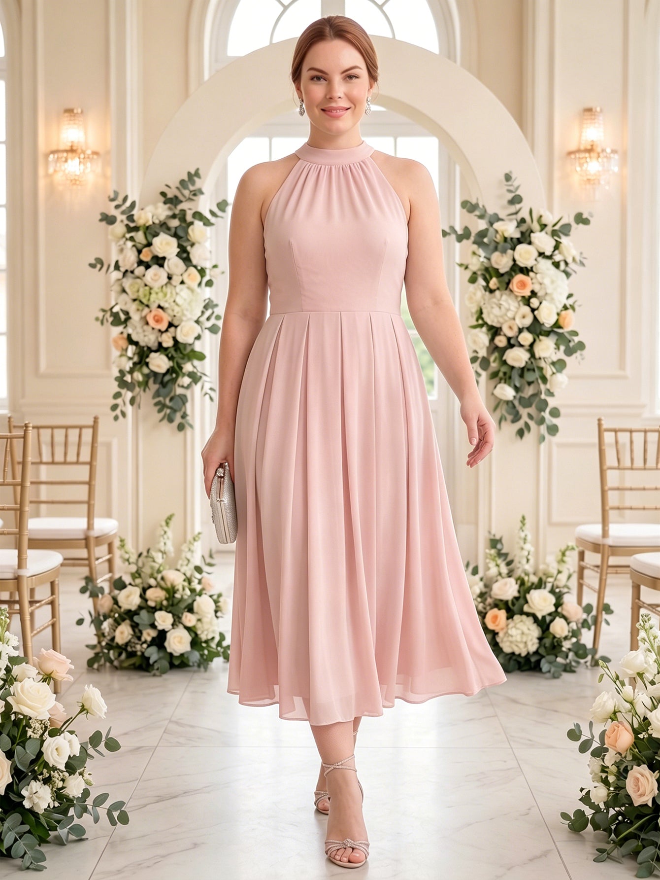 Larui Plus Size Women's Halter Neck Chiffon Dress