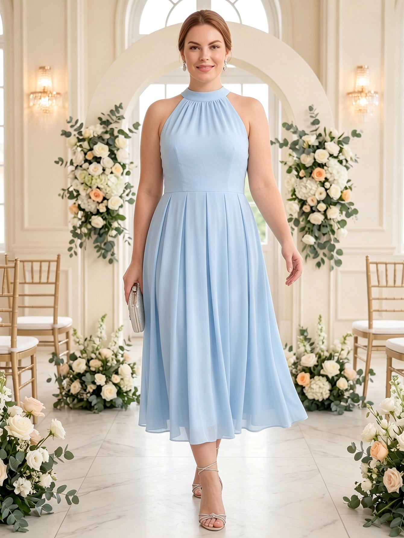 Larui Plus Size Women's Halter Neck Chiffon Dress