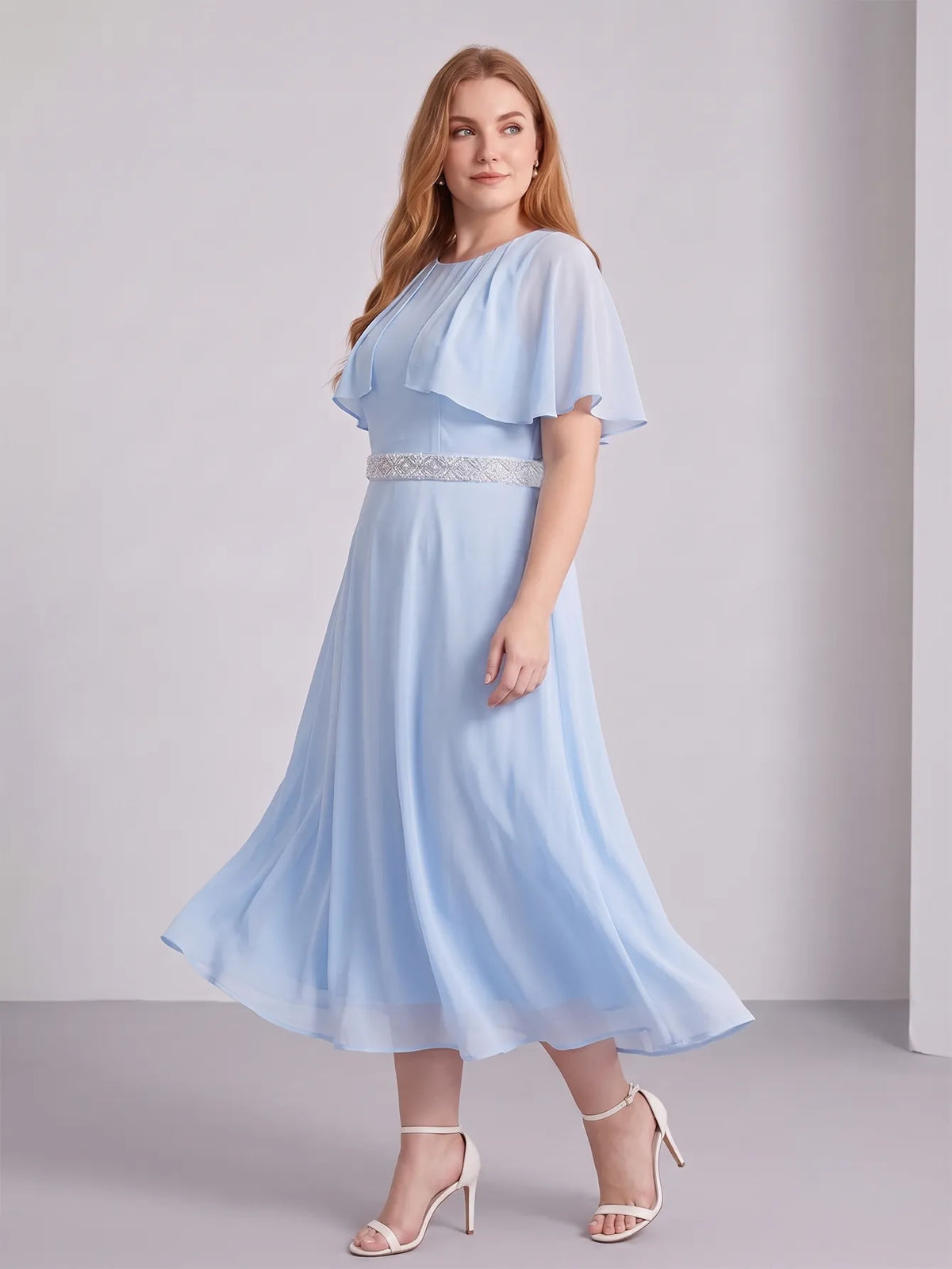 Larui Plus Size Women‘s Cape Sleeves Chiffon Midi Dress