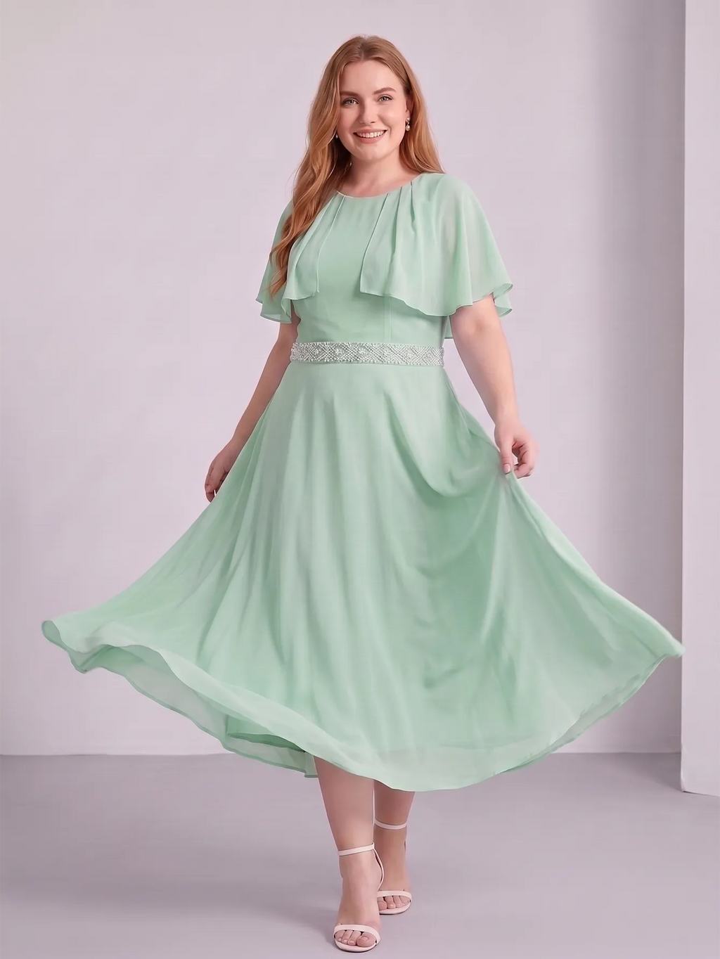 Larui Plus Size Women‘s Cape Sleeves Chiffon Midi Dress