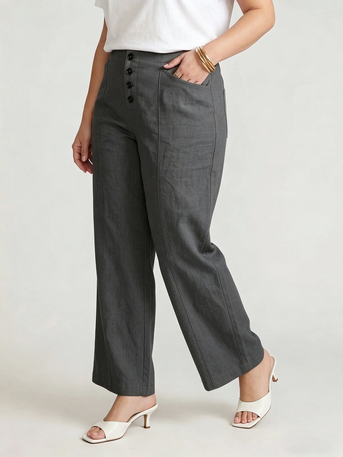 Larui Plus Size Women's ButtonDown Wide-Le-g Linen Pants
