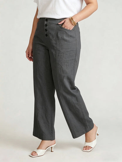 Larui Plus Size Women's Button-Down Wide-Leg Linen  Pants