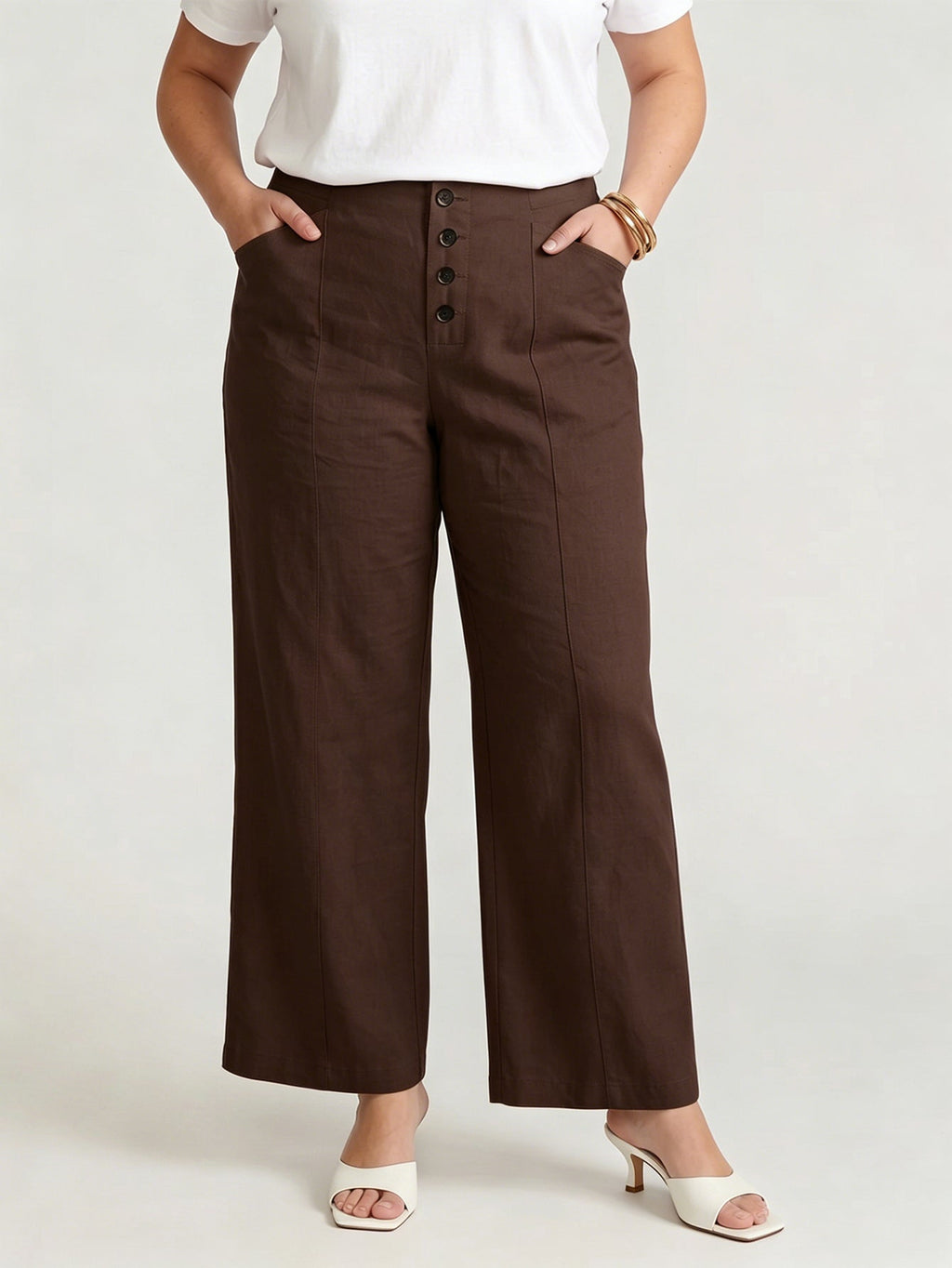 Larui Plus Size Women's Button-Down Wide-Leg Linen  Pants