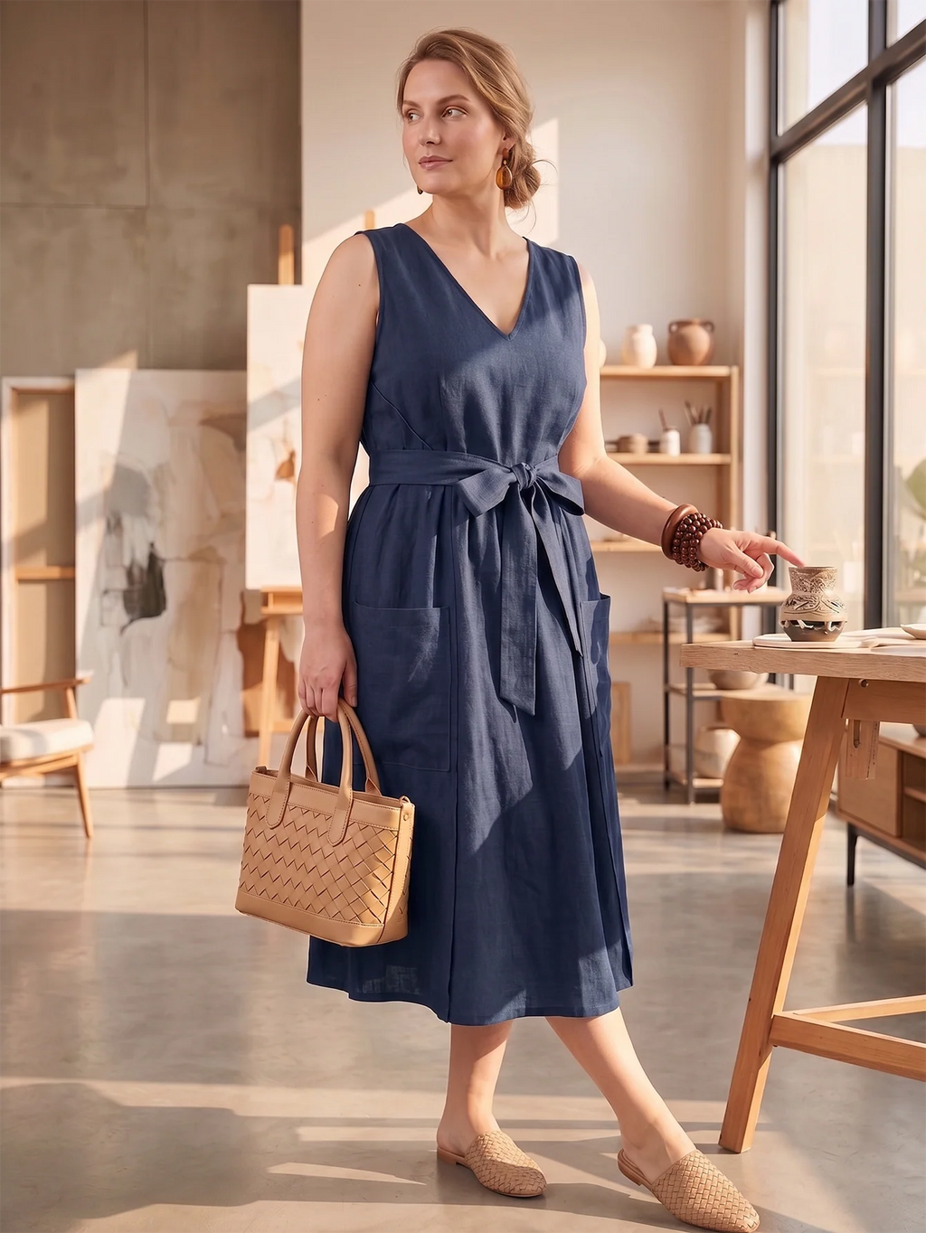 Larui Plus-Size Women's Reversible Open-Front Tie-Up Apron-Style Linen Dress