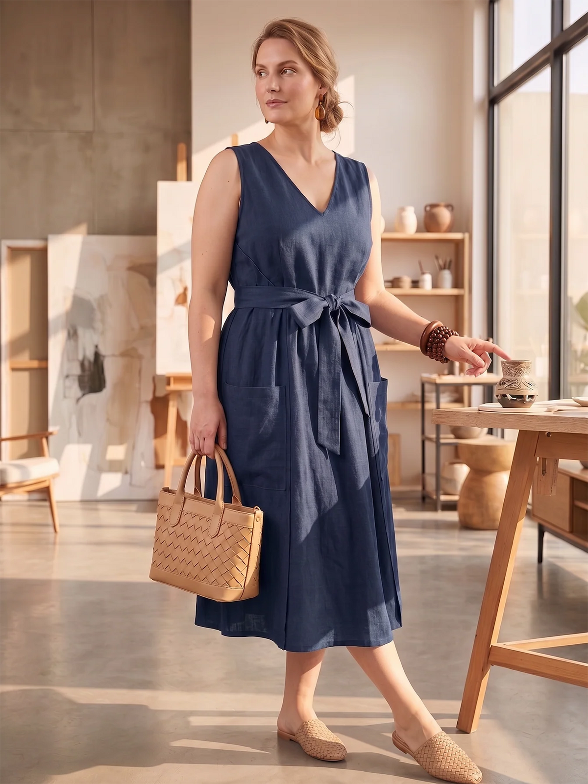 Larui Plus-Size Women's Reversible Open-Front Tie-Up Apron-Style Linen Dress