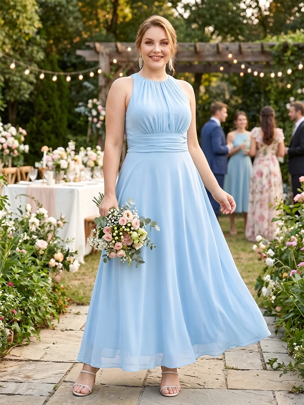 Larui Plus Size Elegant Pleated Chiffon Dress